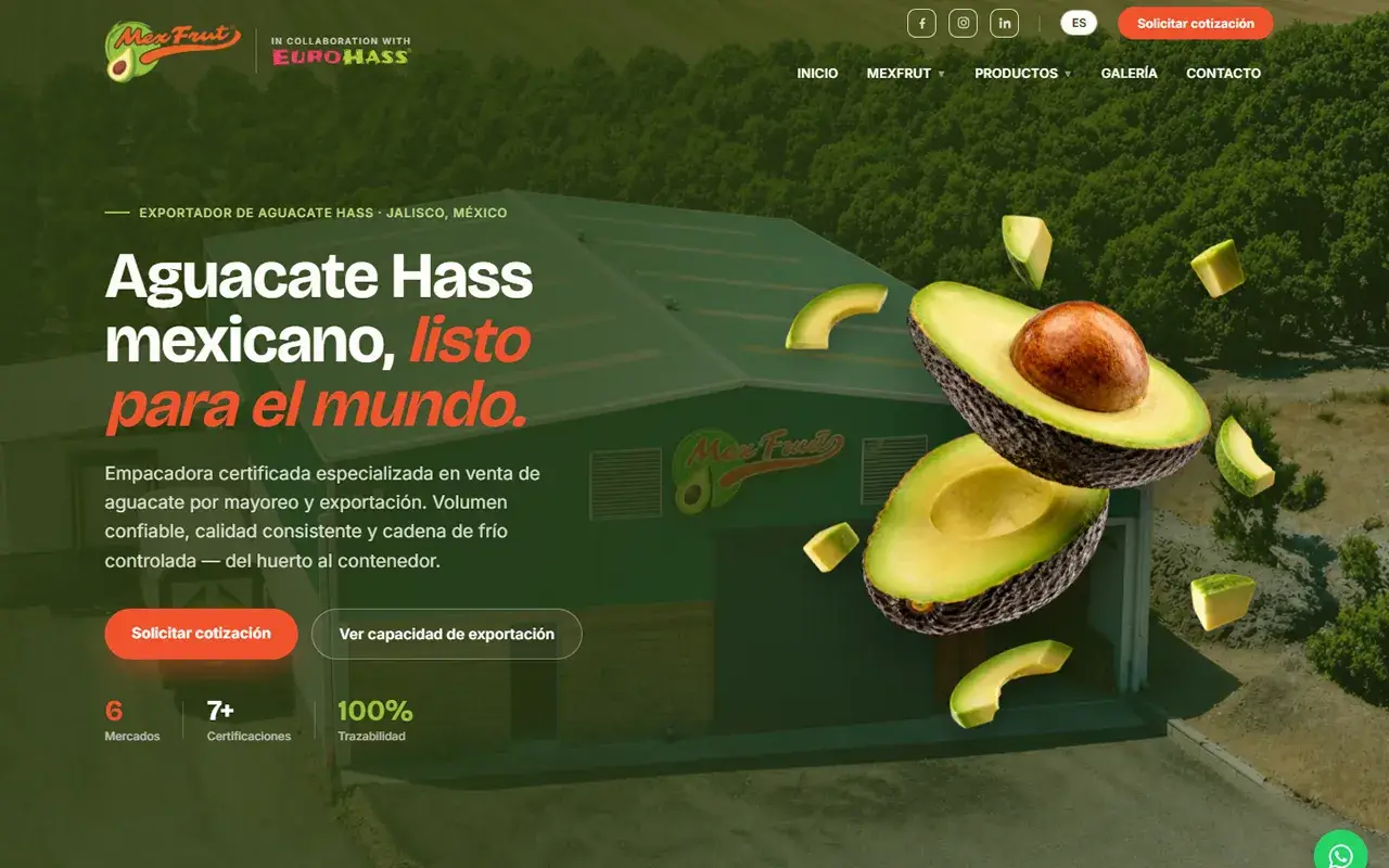 Sitio web de Mexfrut, empacadora y exportadora de aguacate Hass: portada con capacidad de exportación y solicitud de cotización