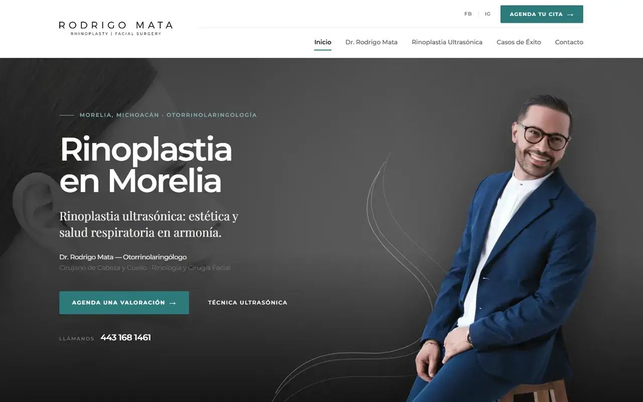 Sitio web del Dr. Rodrigo Mata, otorrinolaringólogo: portada sobre rinoplastia en Morelia con agenda de valoración