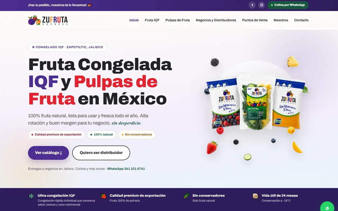 Sitio web de Zufruta Express, distribuidor de fruta congelada IQF y pulpas de fruta: portada con catálogo y contacto