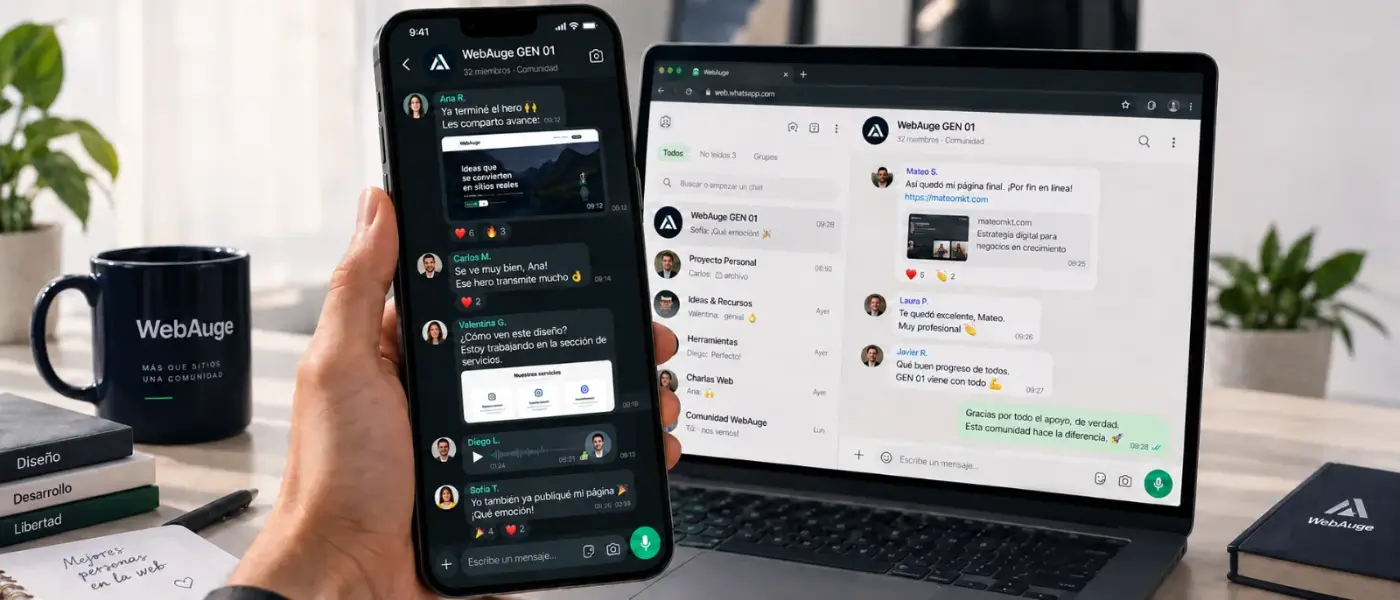 El grupo privado de WhatsApp de la WebAuge · Generación 01 en el teléfono y en la computadora: compañeros compartiendo avances y páginas ya publicadas