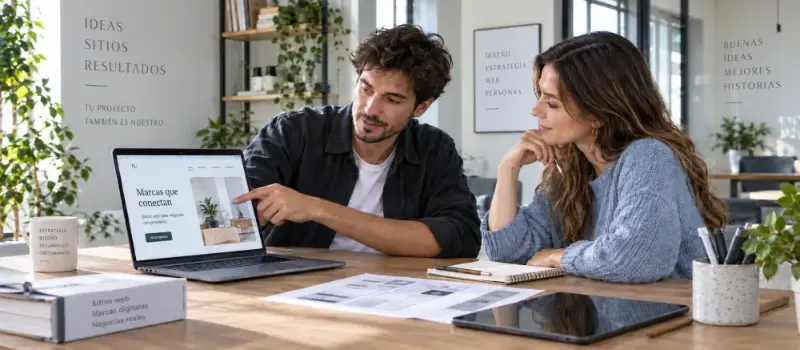 Un profesional mostrando a su clienta, en su laptop, la página web que desarrolló para su marca