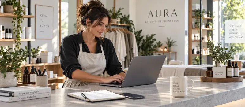 La dueña de un estudio de bienestar trabajando en la página web de su negocio desde el mostrador de su local